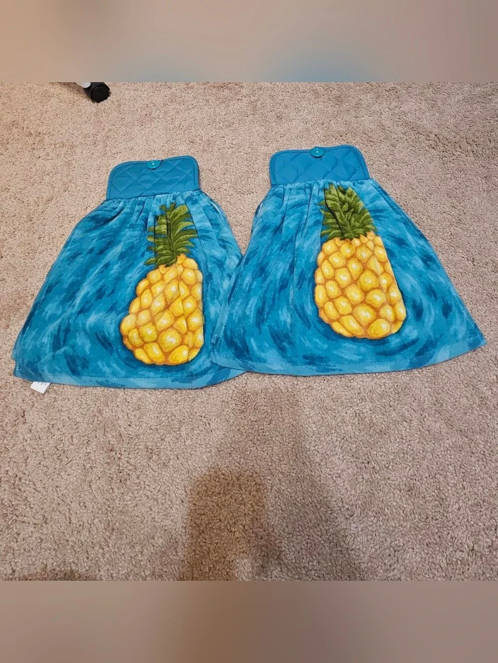 2 Handcrafted Potholders Attached To Towels | Blue + Yellow | Pineapple
